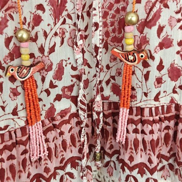 Alicia Bell Paisley Floral Tiered Peasant Dress Size Small Beaded Tassels Boho - Picture 3 of 13